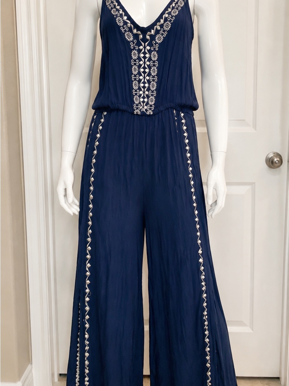 American Rag Navy Jumpsuit with Cream Embroidery